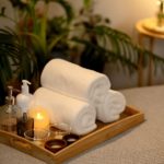 Serviettes de bain, huiles essentielles et bougie pour un moment de détente